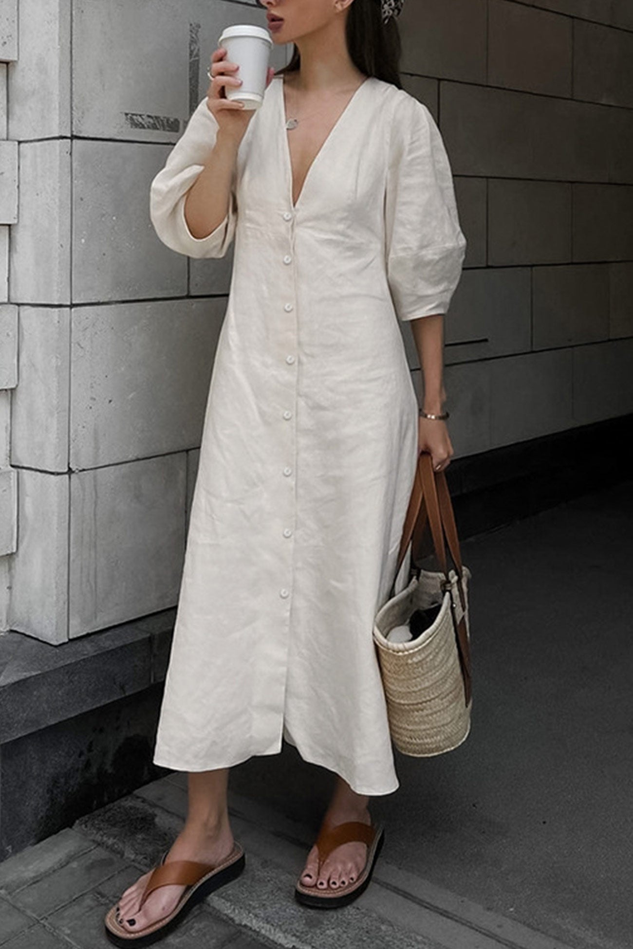 V Neck Single breasted Cotton Linen A line Dress