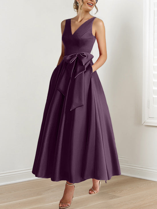 V Neck Sleeveless A Line Ankle Length Mother of the Bride Dress with Ruffles & Pockets