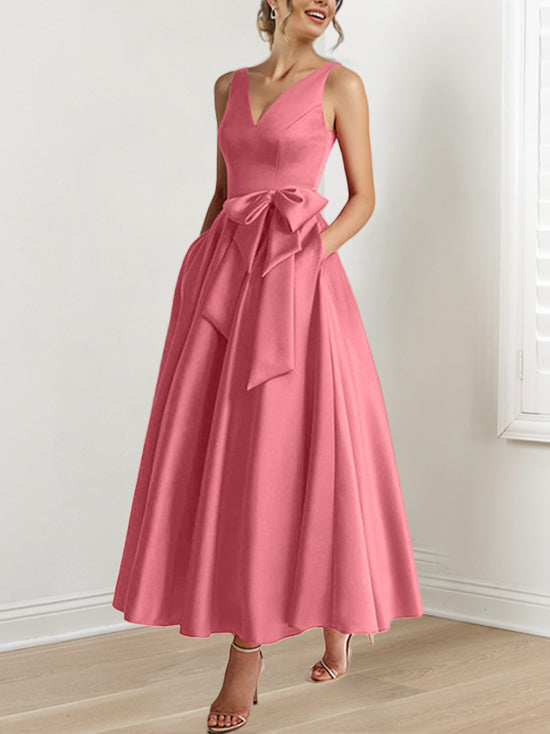 V Neck Sleeveless A Line Ankle Length Mother of the Bride Dress with Ruffles & Pockets