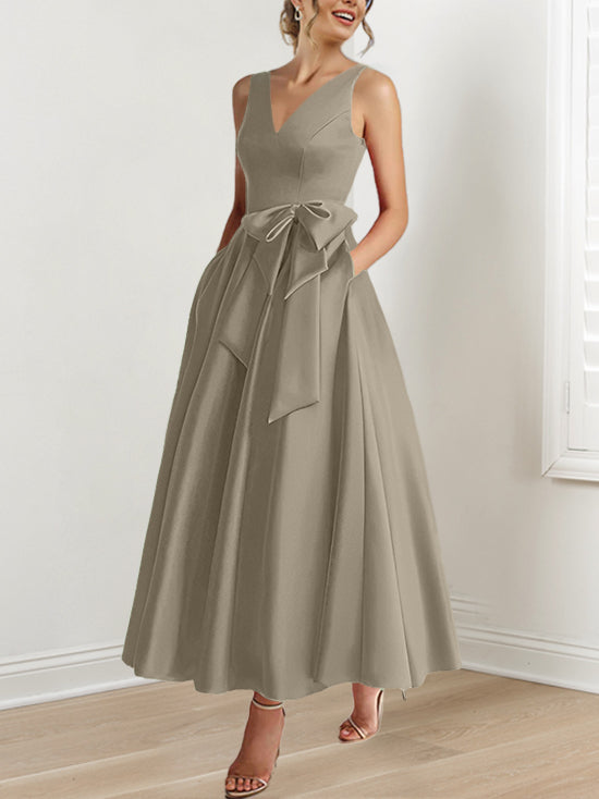 V Neck Sleeveless A Line Ankle Length Mother of the Bride Dress with Ruffles & Pockets