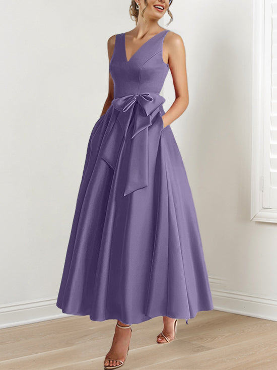 V Neck Sleeveless A Line Ankle Length Mother of the Bride Dress with Ruffles & Pockets