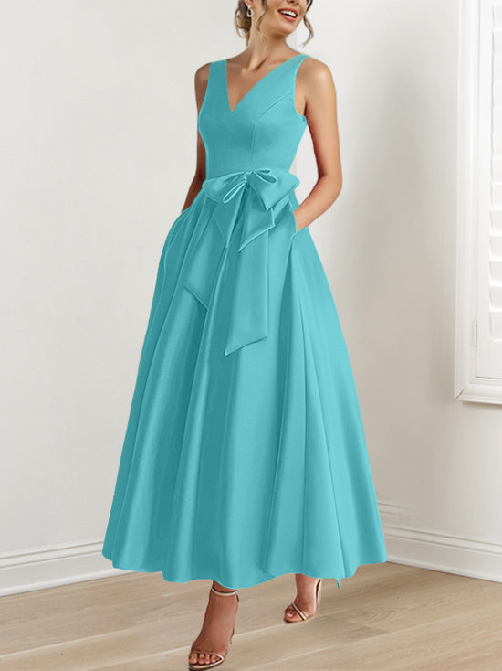 V Neck Sleeveless A Line Ankle Length Mother of the Bride Dress with Ruffles & Pockets