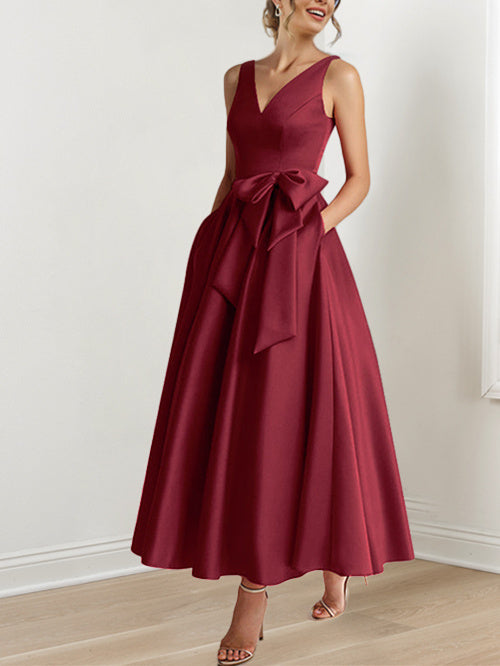 V Neck Sleeveless A Line Ankle Length Mother of the Bride Dress with Ruffles & Pockets