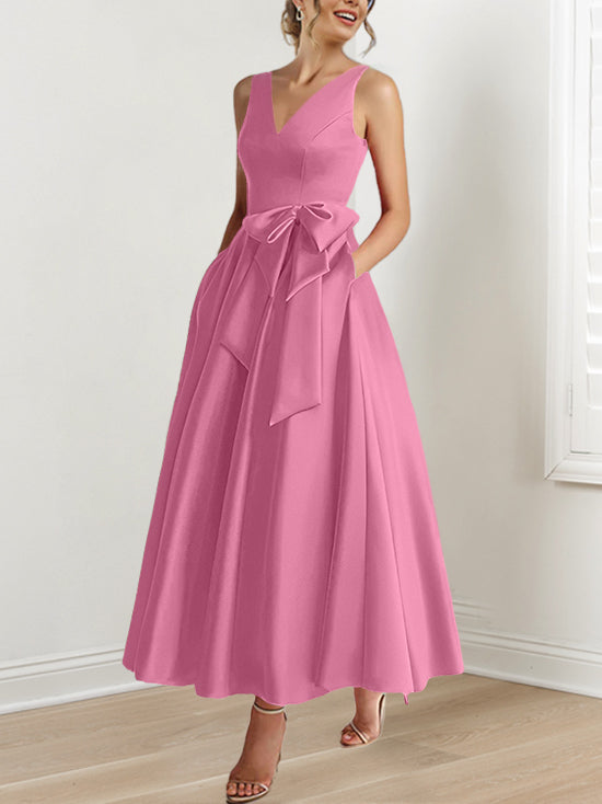 V Neck Sleeveless A Line Ankle Length Mother of the Bride Dress with Ruffles & Pockets