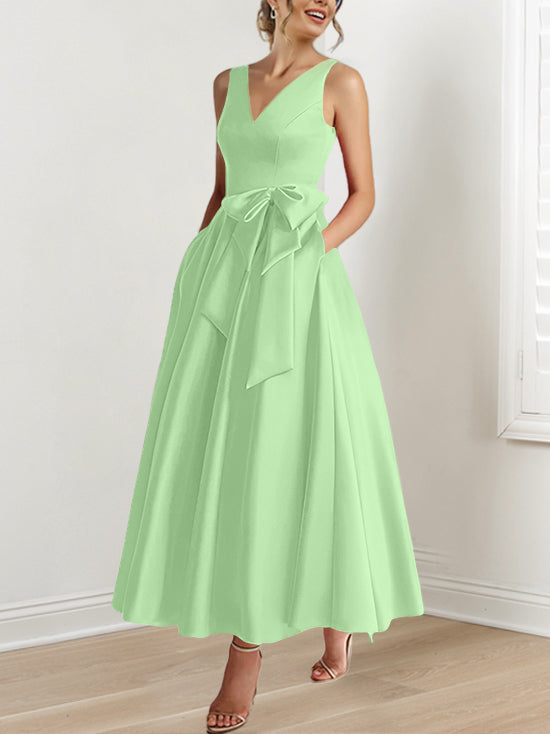 V Neck Sleeveless A Line Ankle Length Mother of the Bride Dress with Ruffles & Pockets