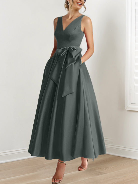 V Neck Sleeveless A Line Ankle Length Mother of the Bride Dress with Ruffles & Pockets