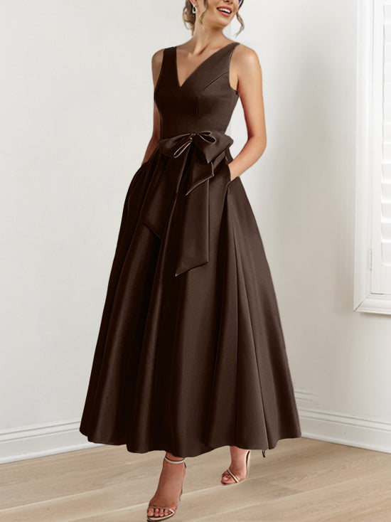 V Neck Sleeveless A Line Ankle Length Mother of the Bride Dress with Ruffles & Pockets