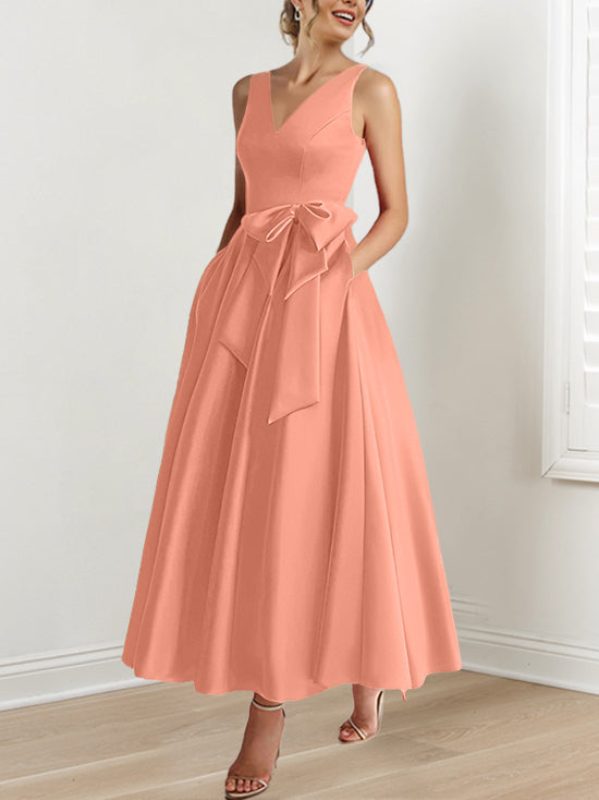 V Neck Sleeveless A Line Ankle Length Mother of the Bride Dress with Ruffles & Pockets