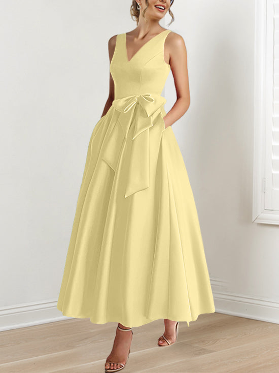 V Neck Sleeveless A Line Ankle Length Mother of the Bride Dress with Ruffles & Pockets
