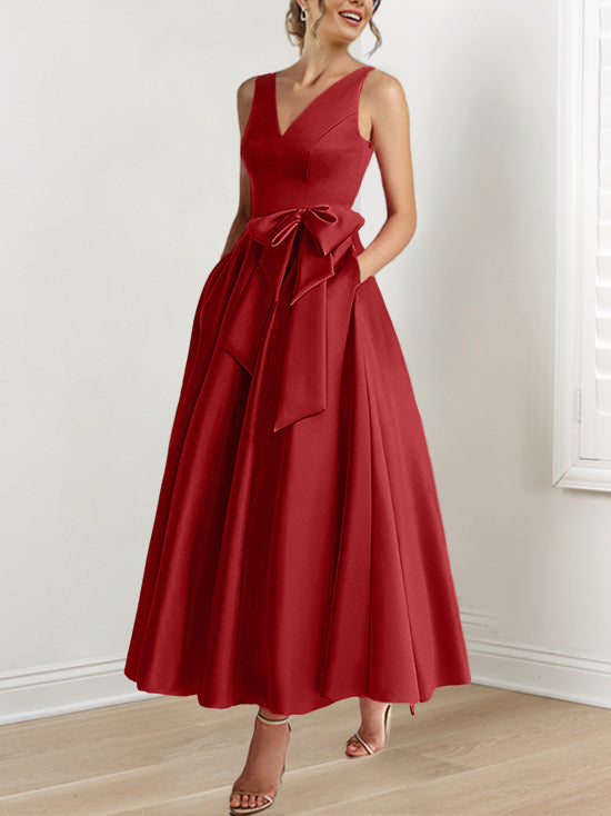V Neck Sleeveless A Line Ankle Length Mother of the Bride Dress with Ruffles & Pockets