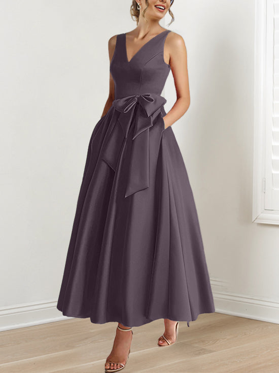 V Neck Sleeveless A Line Ankle Length Mother of the Bride Dress with Ruffles & Pockets