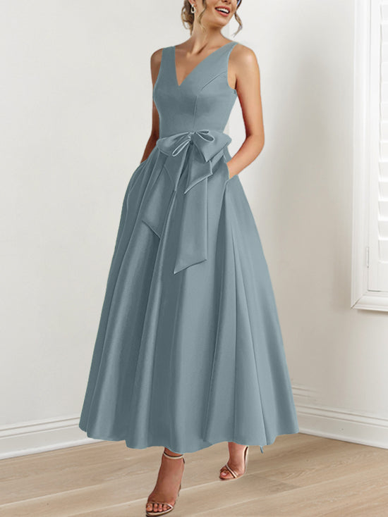 V Neck Sleeveless A Line Ankle Length Mother of the Bride Dress with Ruffles & Pockets