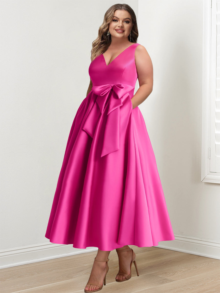 V Neck Sleeveless A Line Ankle Length Mother of the Bride Dress with Ruffles & Pockets