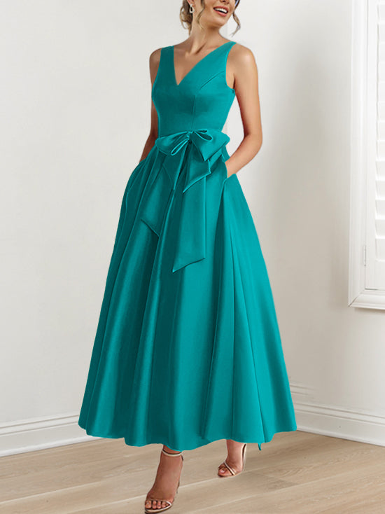 V Neck Sleeveless A Line Ankle Length Mother of the Bride Dress with Ruffles & Pockets
