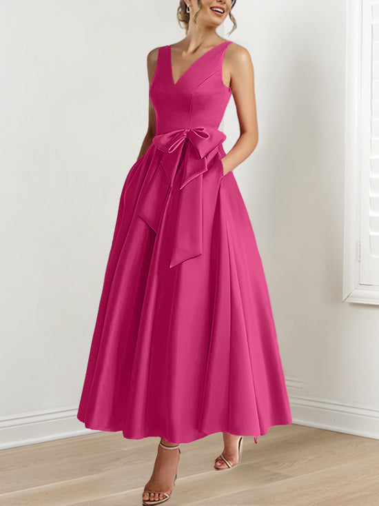 V Neck Sleeveless A Line Ankle Length Mother of the Bride Dress with Ruffles & Pockets