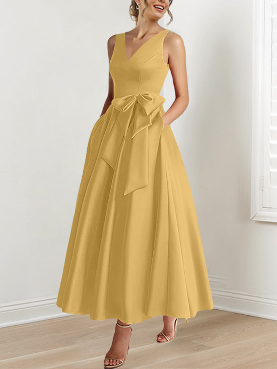 V Neck Sleeveless A Line Ankle Length Mother of the Bride Dress with Ruffles & Pockets