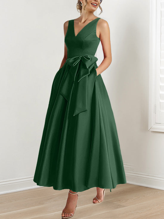 V Neck Sleeveless A Line Ankle Length Mother of the Bride Dress with Ruffles & Pockets