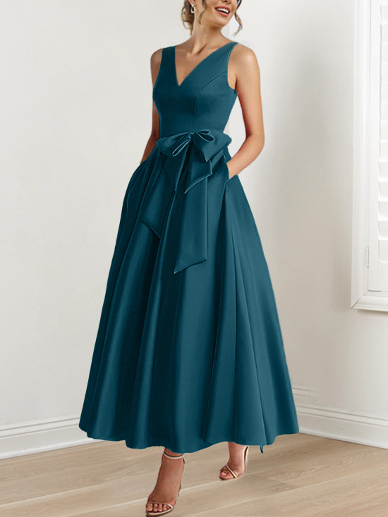 V Neck Sleeveless A Line Ankle Length Mother of the Bride Dress with Ruffles & Pockets