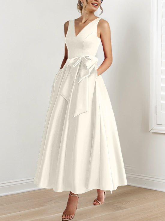 V Neck Sleeveless A Line Ankle Length Mother of the Bride Dress with Ruffles & Pockets