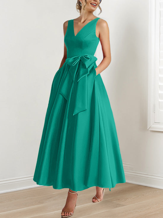 V Neck Sleeveless A Line Ankle Length Mother of the Bride Dress with Ruffles & Pockets