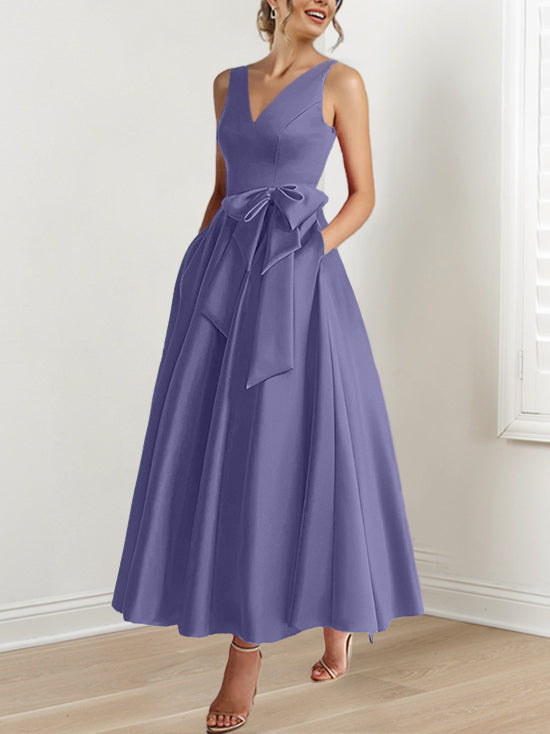 V Neck Sleeveless A Line Ankle Length Mother of the Bride Dress with Ruffles & Pockets
