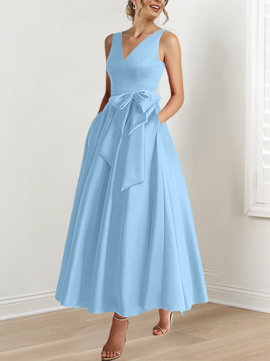 V Neck Sleeveless A Line Ankle Length Mother of the Bride Dress with Ruffles & Pockets