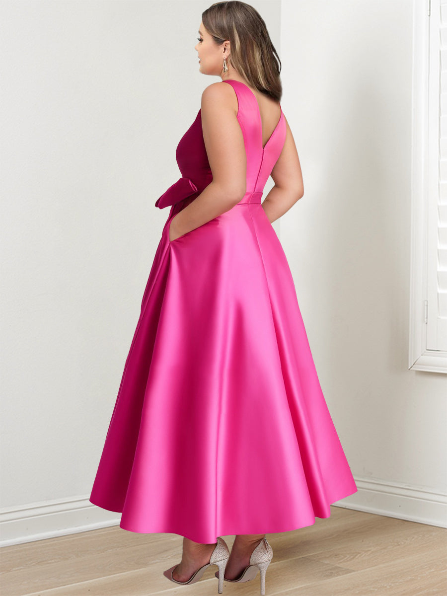 V Neck Sleeveless A Line Ankle Length Mother of the Bride Dress with Ruffles & Pockets
