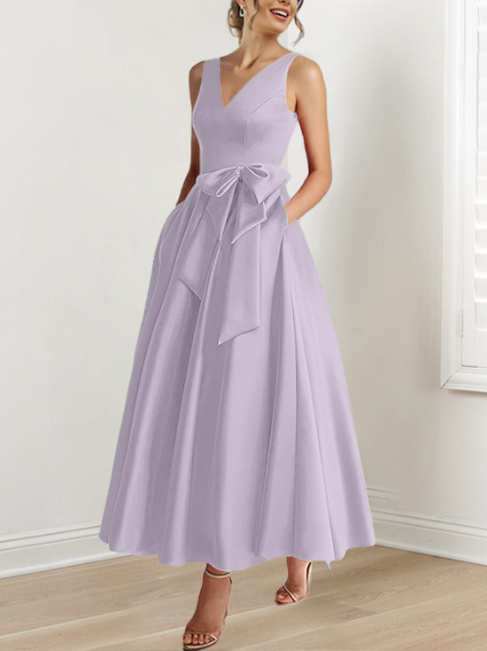 V Neck Sleeveless A Line Ankle Length Mother of the Bride Dress with Ruffles & Pockets