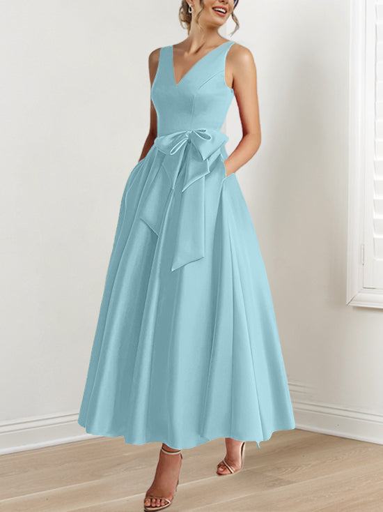 V Neck Sleeveless A Line Ankle Length Mother of the Bride Dress with Ruffles & Pockets