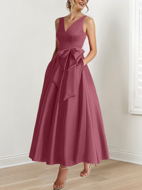 V Neck Sleeveless A Line Ankle Length Mother of the Bride Dress with Ruffles & Pockets