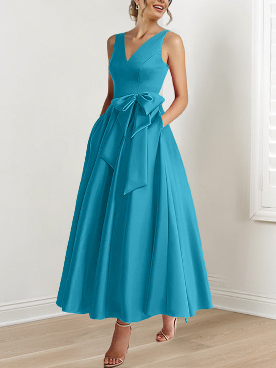 V Neck Sleeveless A Line Ankle Length Mother of the Bride Dress with Ruffles & Pockets