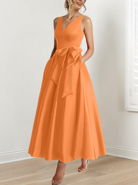 V Neck Sleeveless A Line Ankle Length Mother of the Bride Dress with Ruffles & Pockets