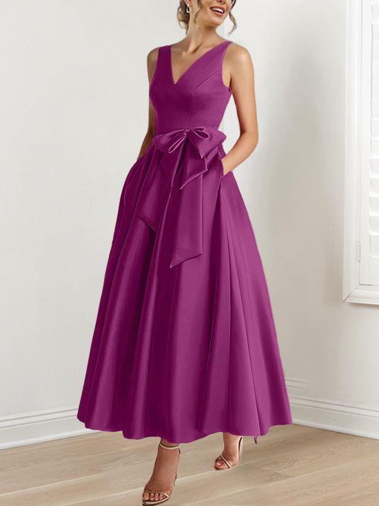 V Neck Sleeveless A Line Ankle Length Mother of the Bride Dress with Ruffles & Pockets