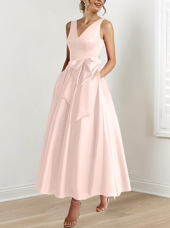 V Neck Sleeveless A Line Ankle Length Mother of the Bride Dress with Ruffles & Pockets