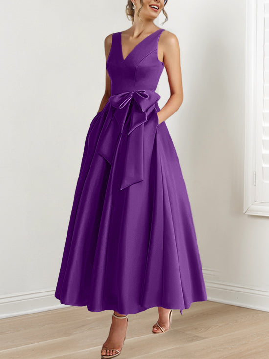 V Neck Sleeveless A Line Ankle Length Mother of the Bride Dress with Ruffles & Pockets