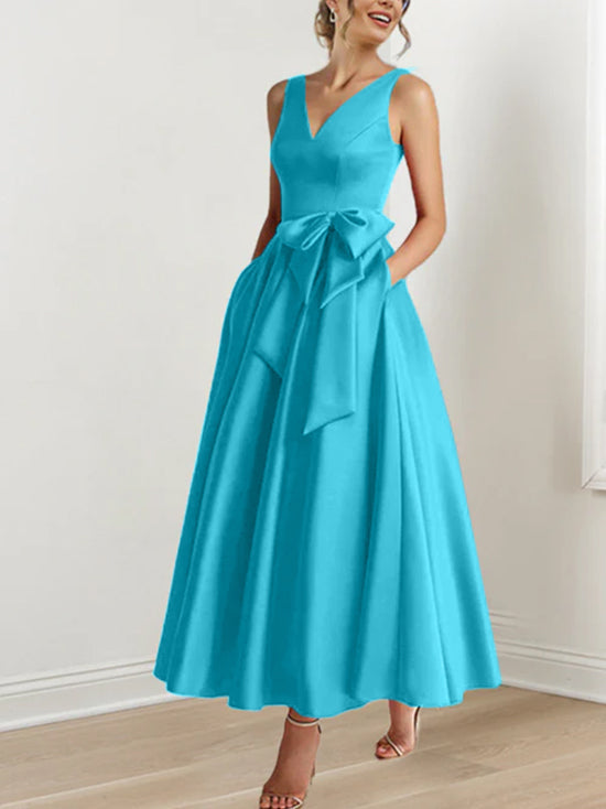 V Neck Sleeveless A Line Ankle Length Mother of the Bride Dress with Ruffles & Pockets