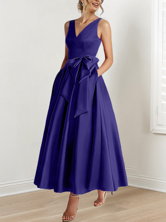 V Neck Sleeveless A Line Ankle Length Mother of the Bride Dress with Ruffles & Pockets