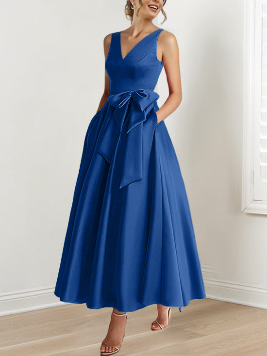 V Neck Sleeveless A Line Ankle Length Mother of the Bride Dress with Ruffles & Pockets