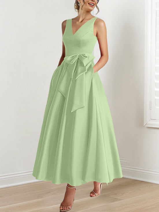 V Neck Sleeveless A Line Ankle Length Mother of the Bride Dress with Ruffles & Pockets