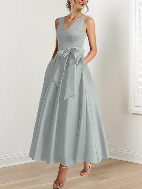 V Neck Sleeveless A Line Ankle Length Mother of the Bride Dress with Ruffles & Pockets