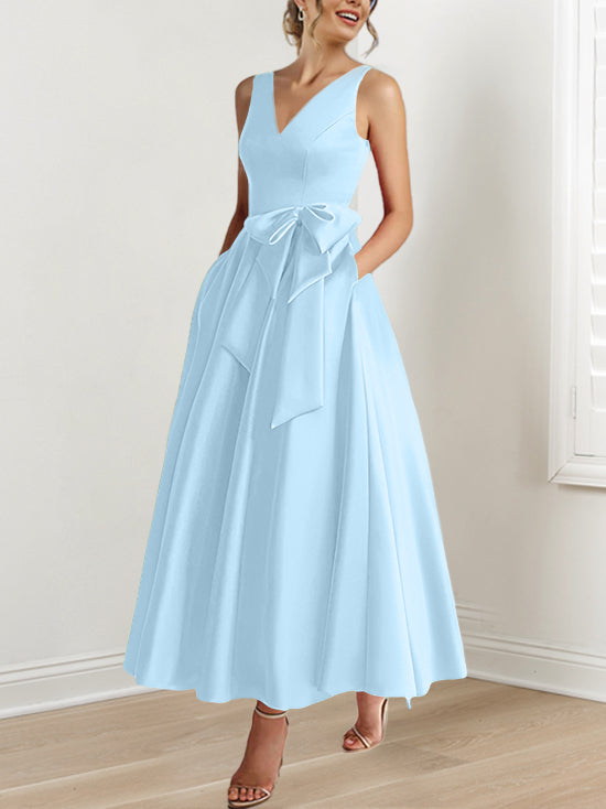 V Neck Sleeveless A Line Ankle Length Mother of the Bride Dress with Ruffles & Pockets