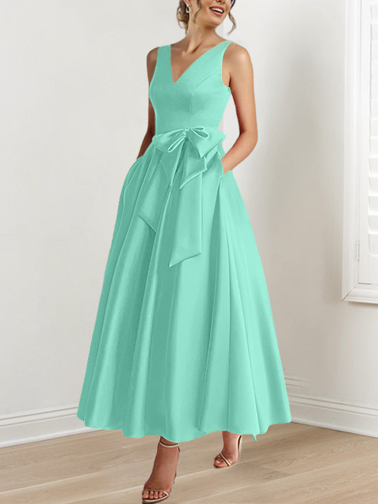 V Neck Sleeveless A Line Ankle Length Mother of the Bride Dress with Ruffles & Pockets