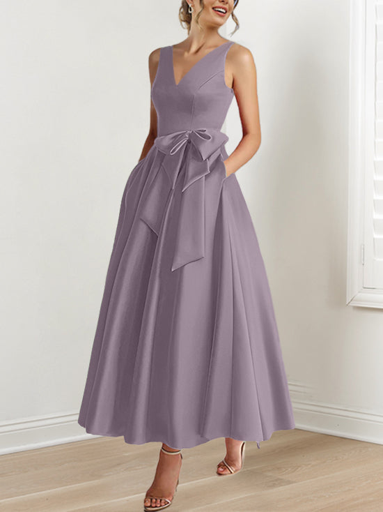 V Neck Sleeveless A Line Ankle Length Mother of the Bride Dress with Ruffles & Pockets