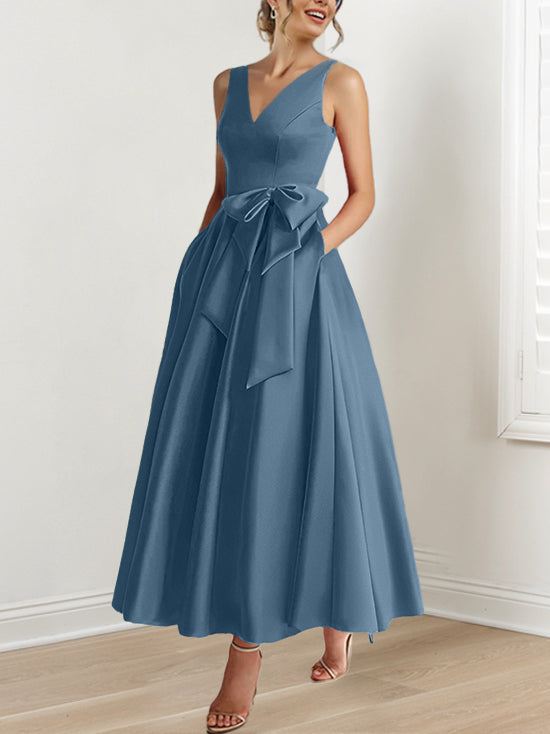V Neck Sleeveless A Line Ankle Length Mother of the Bride Dress with Ruffles & Pockets