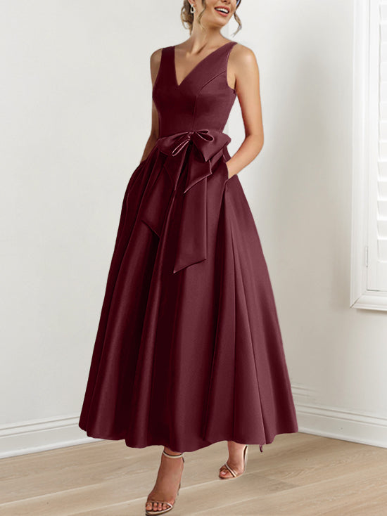 V Neck Sleeveless A Line Ankle Length Mother of the Bride Dress with Ruffles & Pockets