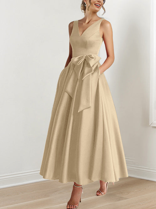 V Neck Sleeveless A Line Ankle Length Mother of the Bride Dress with Ruffles & Pockets