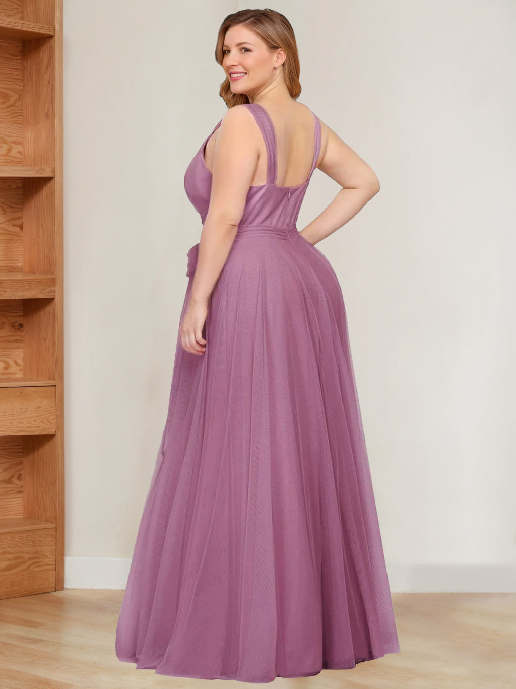 V Neck Sleeveless A Line Long Tulle Plus Size Mother of the Bride Dress with Ruffles
