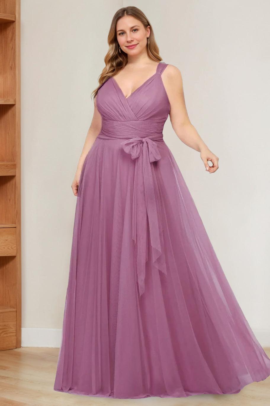 V Neck Sleeveless A Line Long Tulle Plus Size Mother of the Bride Dress with Ruffles