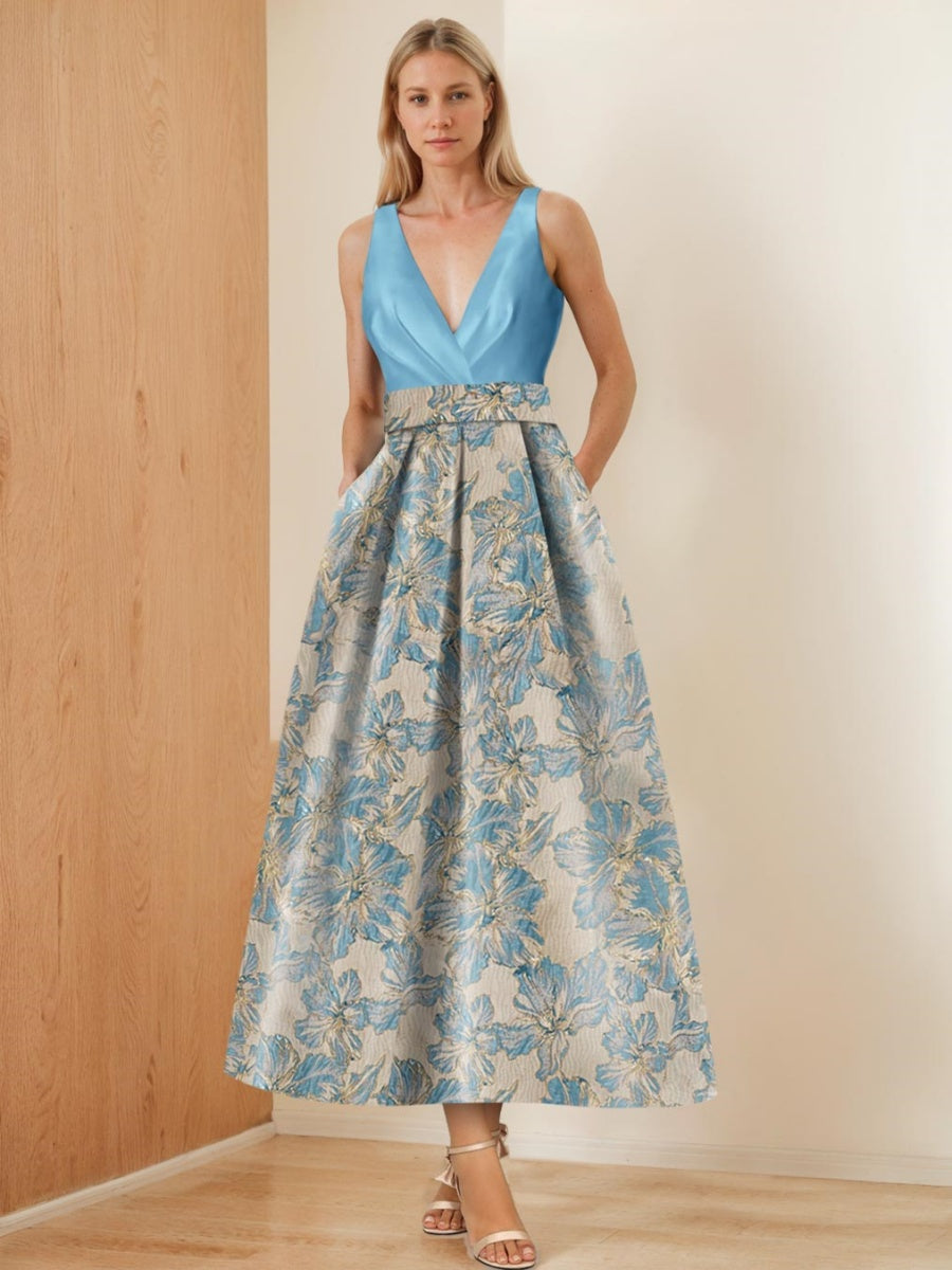 V Neck Sleeveless A Line Ruched Floral Printed Mother of the Bride Dress
