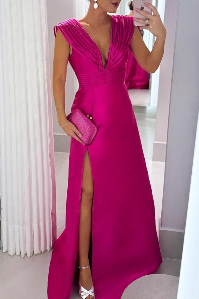 V Neck Sleeveless Long A Line Mother of the Bride Dress with Side Split